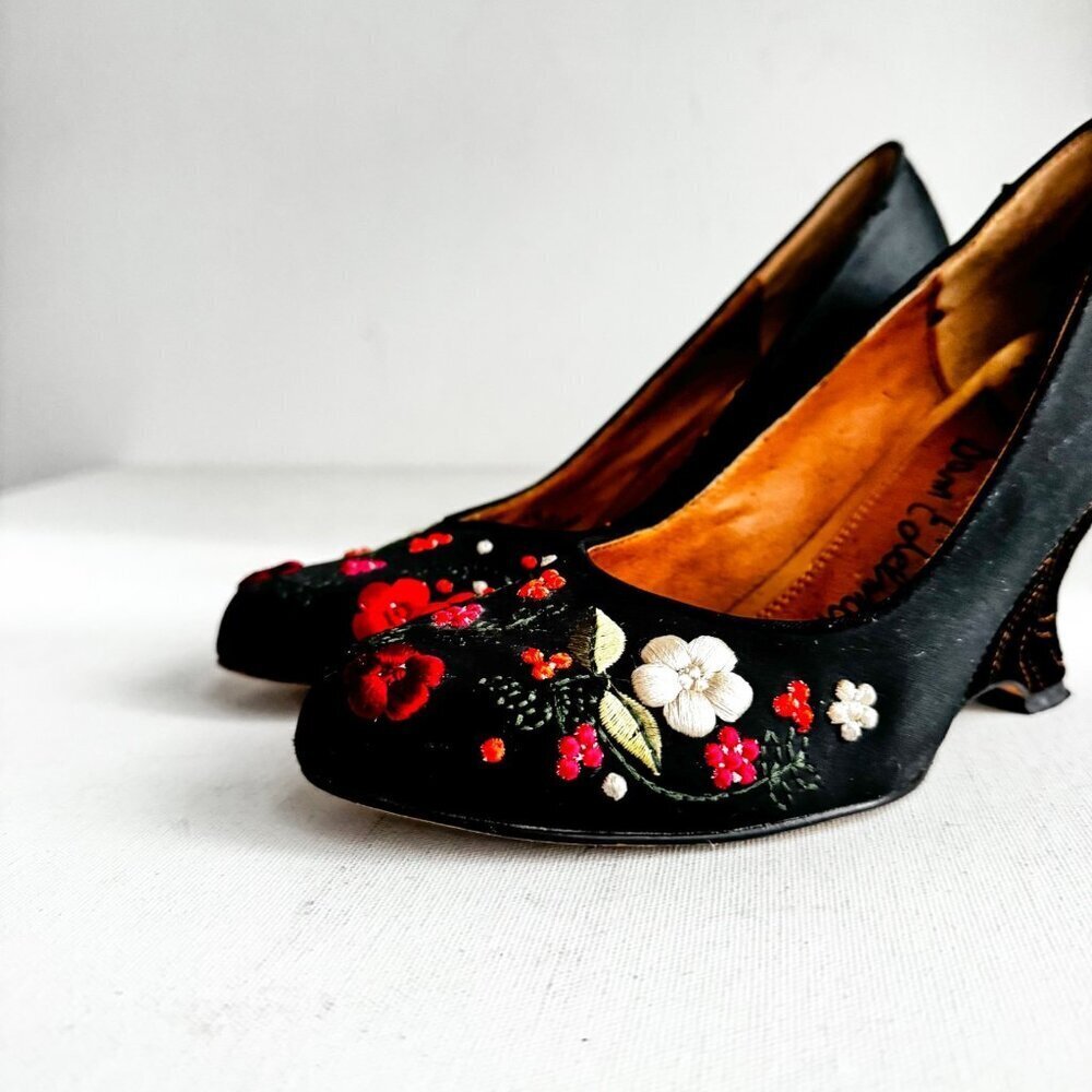 Vintage Sam Edelman Black Suede Wedge Floral Embroidered Heels 7 - Picture 6 of 11